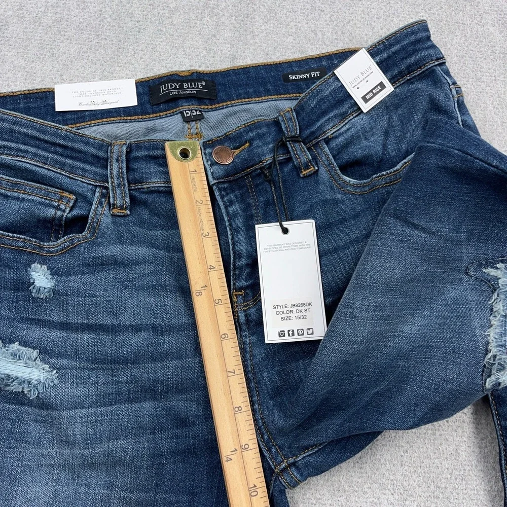 Judy Blue Skinny Jeans Women 15 32 Mid Rise Waist Med Wash Distressed Holes NEW